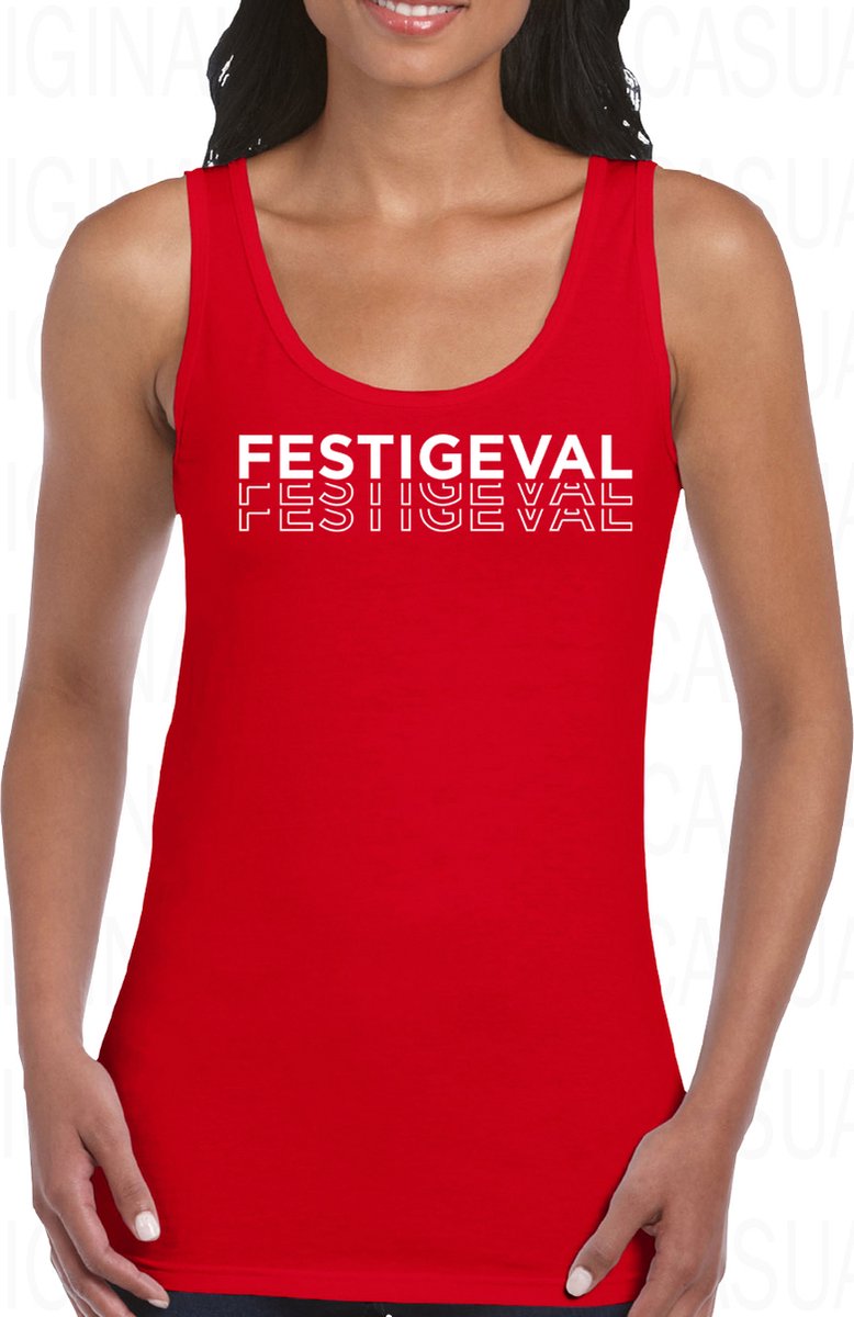 FESTIGEVAL dames tanktop - Rood met wit - Maat L - Medium Fit - Dameshemd - Mouwloos - Ronde hals - Grappige teksten - Leuke tanktop | hemd - Humor - Original Kwoots - Festival - Party Animal